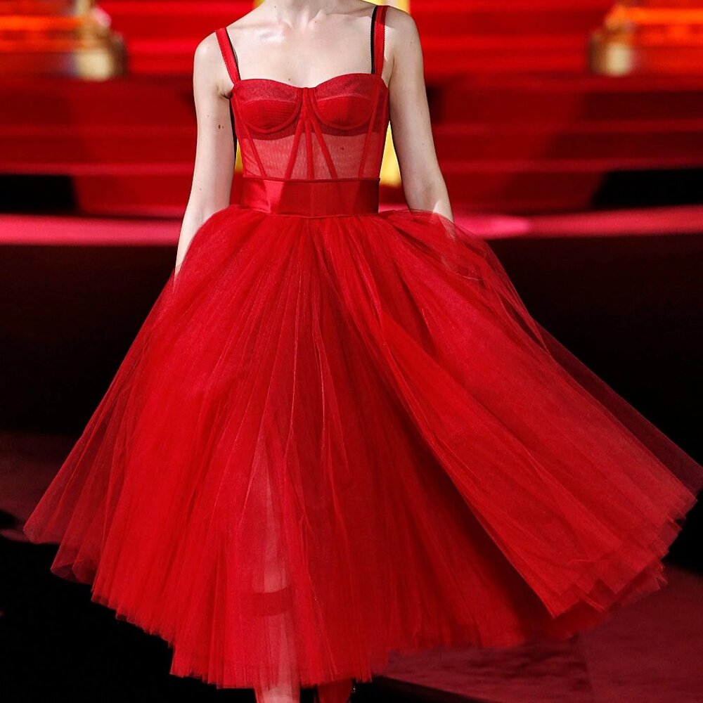 Dolce & Gabbana Red Tulle Bustier Midi Dress Red Carpet Eveneing Gown sz 40